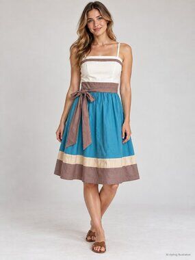 BCBG Paris Colorblock Sundress 2 Turquoise Cream Taupe Resort Preppy Fit & Flare